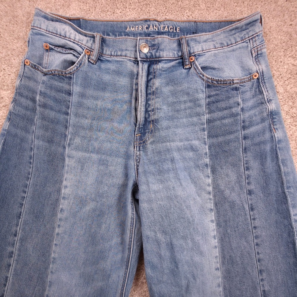 American Eagle Wide Leg Jeans Women 12 Blue Paneled Colorblock High Rise Stretch - Picture 11 of 16